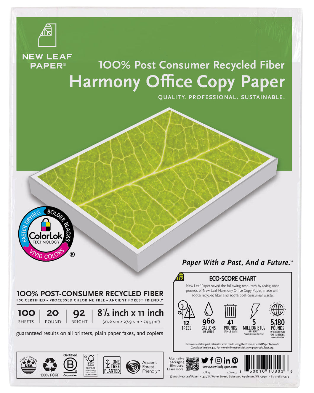 Pack of 100 Sheets Harmony Office 100% PCRF copy paper w/HP ColorLok (8-1/2