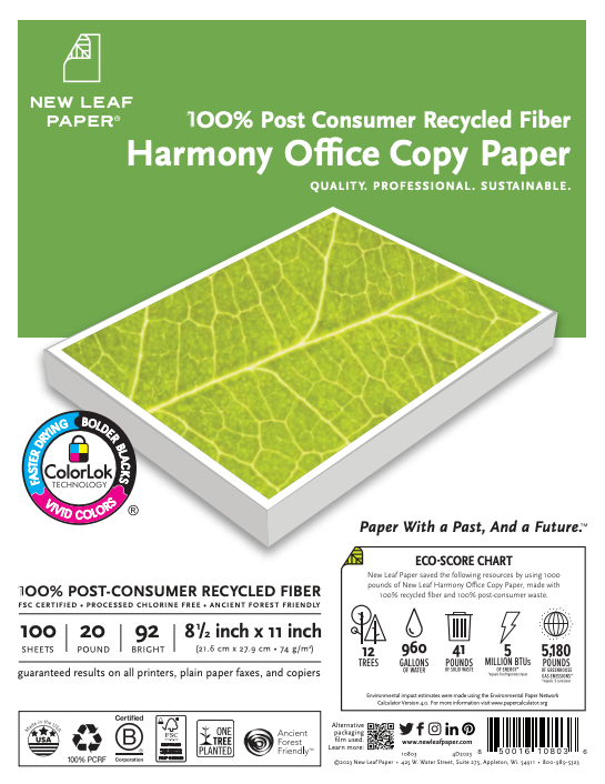 Pack of 100 Sheets Harmony Office 100% PCRF copy paper w/HP ColorLok (8-1/2